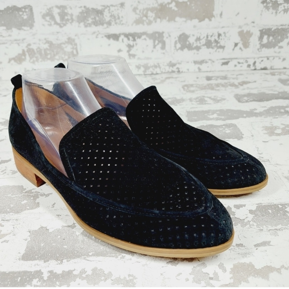 Susina Loafers Kellen Black Suede Leather Laser Cut Flats Slip On Shoes 7.5